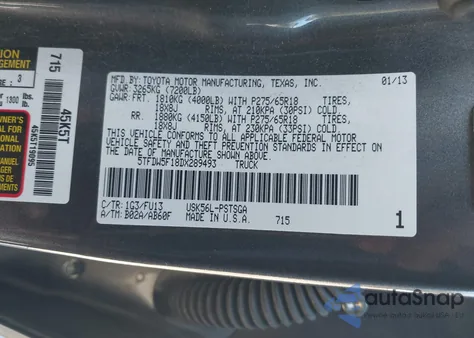 2013 Toyota Tundra Grade 5.7L V8 from USA, damaged, VIN 5TFDW5F18DX289493